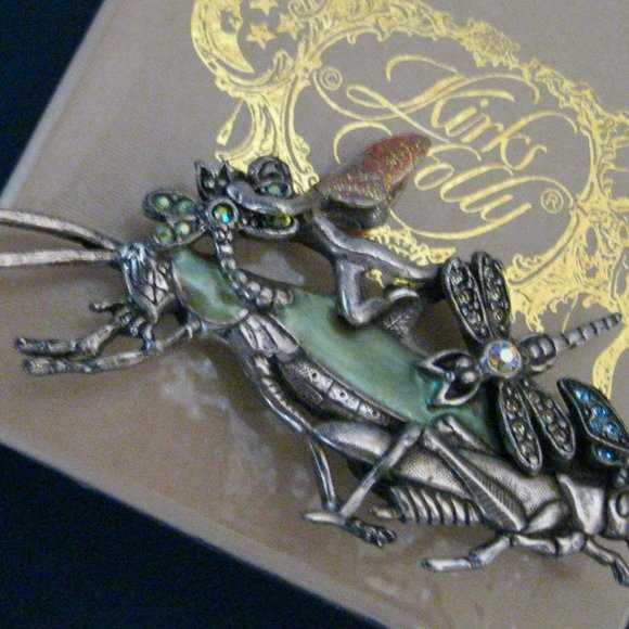 "KIRKS FOLLY FAIRY ON GRASSHOPPER BROOCH W/DRAGONFLIES & MORE-FABULOUS" - Picture 1 of 12